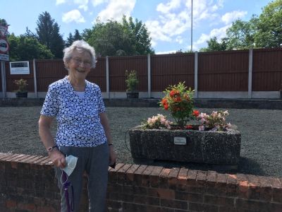 <strong>Wetheral Bowling Club</strong><br/>Jean is pleased with the refurbished memorial trough.